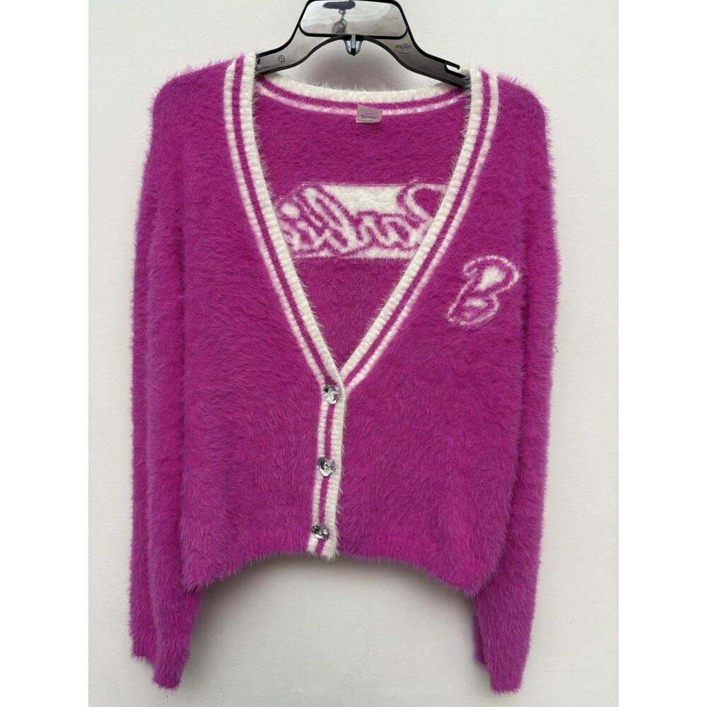 Barbie Womens XL Cropped Cardigan Sweater Pink Fuzzy Knit Varsity Heart‎ Buttons